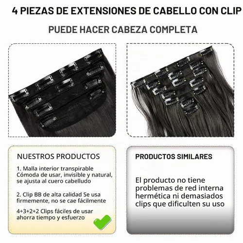 Vista 6 de Extensiones de cabello liso negro natural, extensiones de cabello con clip, extensiones de cabello suave para mujer, 20 pulgadas, extensiones de 2#