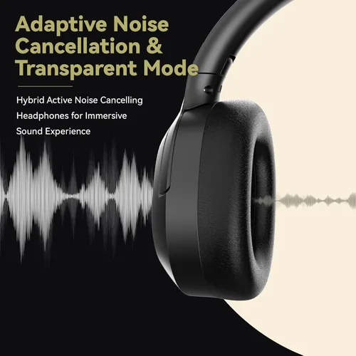 Vista 4 de Audífonos híbridos con cancelación de ruido activa, auriculares inalámbricos Bluetooth sobre la oreja con micrófono, tiempo de reproducción de 60