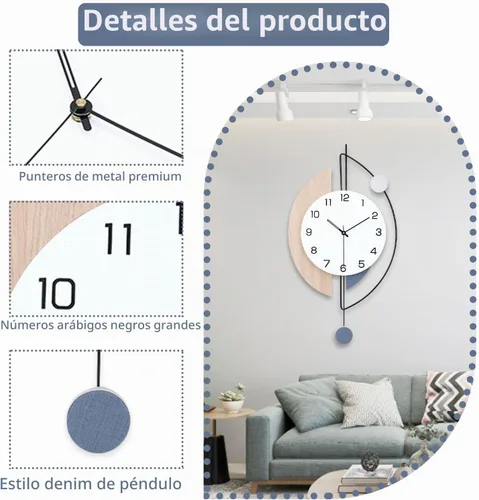 Vista 3 de Dankeit Reloj de Pared, Relojes de Pared Decorativos Grandes con Péndulo, Funciona con Pilas, Reloj de Pared de Cuarzo de Calidad Silenciosa