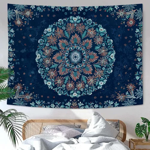 Vista 32 de Fowocu Tapiz bohemio con mandala floral para colgar en la pared, medallón de flores bohemias, tapiz estético, beige, naranja, hippie, indio, pequeño