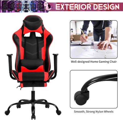 Vista 3 de BLKMTY Silla para videojuegos, silla reclinable para computadora con reposapiés y soporte lumbar, sillas de juego de altura ajustable con asiento