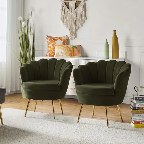 Vista 46 de HULALA HOME Silla decorativa moderna de terciopelo con respaldo en forma de concha, bonito sillón para sala de estar, dormitorio con patas doradas