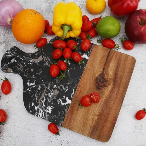 Vista 4 de Tabla de cortar con mármol y madera natural, tabla de servir para frutas de bistec con asa, tabla de cortar para pan como bandejas para servir Negro