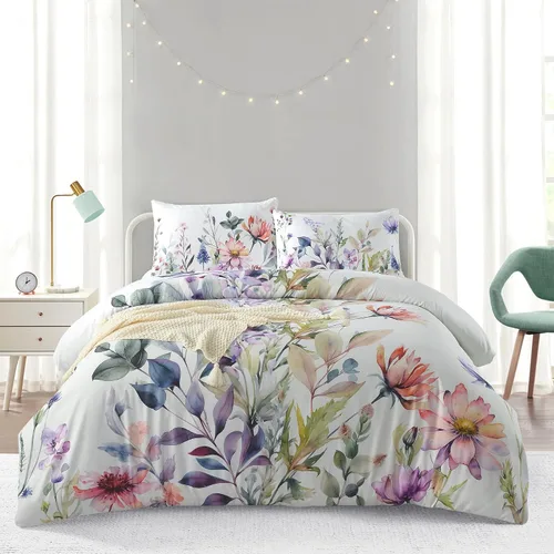 Vista 15 de Style Quarters Dahlia Lane - Juego de funda de edredón de 3 piezas, tallos florales multicolor con siluetas de hojas blancas, 100% algodón, lavable