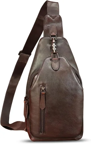 Vista 6 de Bolso de cuero genuino para mujeres y hombres, mochila bandolera de cuero real para el hombro, bolso cruzado en el pecho, Café