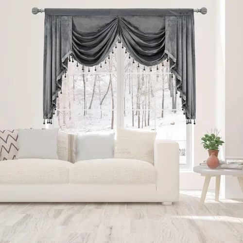 Vista 17 de Toppers Beige de Cortinas de Ventana para Sala de Estar - Cenefa de Cascada de Terciopelo para Dormitorio (1 Panel, 39 Pulgadas de Ancho, Marfil)
