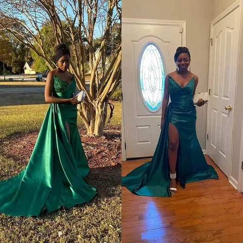 Vista 6 de Vestidos de sirena con cuentas de lentejuelas 2024 sin tirantes, vestidos largos de satén para dama de honor, vestido formal de fiesta de noche