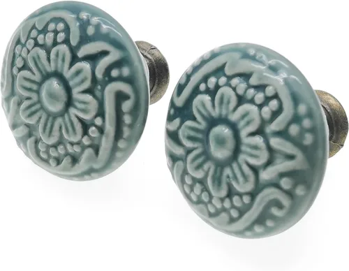 Vista 4 de 12 pomos de cerámica verde para gabinete, pomos decorativos florales para cajones, tiradores de muebles hechos a mano, 1.34 pulgadas de diámetro