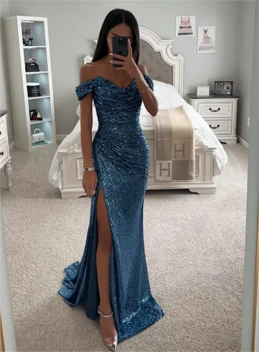 Vista 3 de GUKARLEED Vestidos de fiesta de lentejuelas para adolescentes brillantes con hombros descubiertos, vestido de baile de satén sin espalda