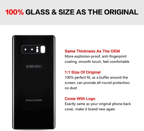 Vista 2 de Compatible con Samsung Galaxy Note 8 - Carcasa trasera de repuesto de cristal de 6.3 pulgadas, SM-N950, todos los portadores con manual de Negro