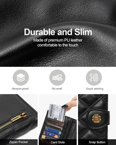 Vista 4 de cakang Billetera para mujer, compacta y delgada, plegable, con bloqueo RFID, de cuero, tarjetero con cremallera, 1-negro, Cartera delgada para mujer