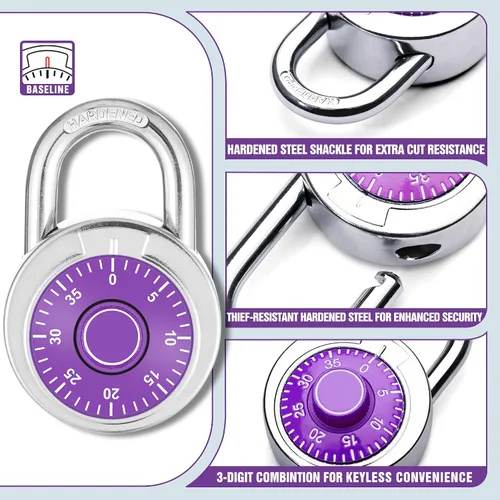 Vista 2 de Candado combinado, 1.969 in, esfera morada, paquete de 1 Esfera fija con diferentes combinaciones, para gimnasio y casillero, escuela, caja