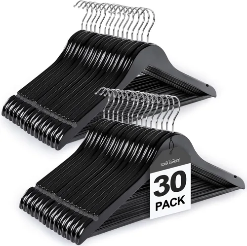 Vista 18 de TOPIA HANGER Perchas de Madera para Abrigos Paquete de 30, Perchas de Madera Vintage para Trajes con Barra Antideslizante para Pantalones, Gancho