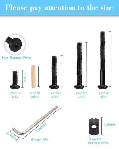 Vista 2 de Kit de repuesto de tornillos para cuna - 16 unidades, pernos para marco de cuna, tuercas de barril y pines de tenon de madera - M6x16/40/60/80 mm