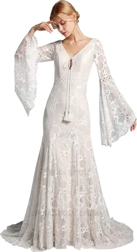 Vista 3 de LIPOSA Vestidos de novia de encaje bohemio para novias, mangas largas acampanadas, cuello en V, vestidos de novia de sirena con tren de barrido