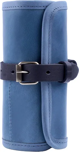 Vista 3 de Karasto - Organizador de viaje para reloj de piel capacidad para hasta 3 relojes hecho a mano para hombre y mujer color azul