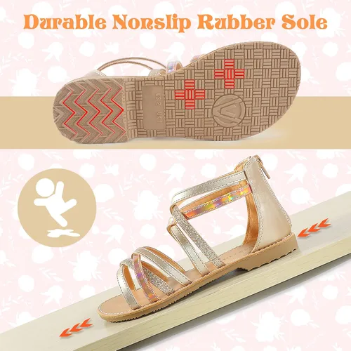 Vista 4 de Sandalias de gladiador para niñas con puntera abierta, sandalias de verano transpirables con cremallera en el talón (niños pequeñosniños grandes)