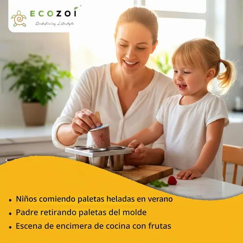 Vista 4 de Ecozoi Moldes y estante de acero inoxidable para paletas – 6 mini máquinas redondas de paletas de hielo + 30 palos de bambú reutilizables + 12