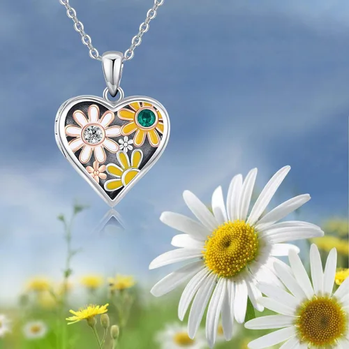 Vista 4 de Collar con medallón de margaritas que sostiene fotos de plata de ley para mujer, medallones de margaritas de girasol para regalos de foto