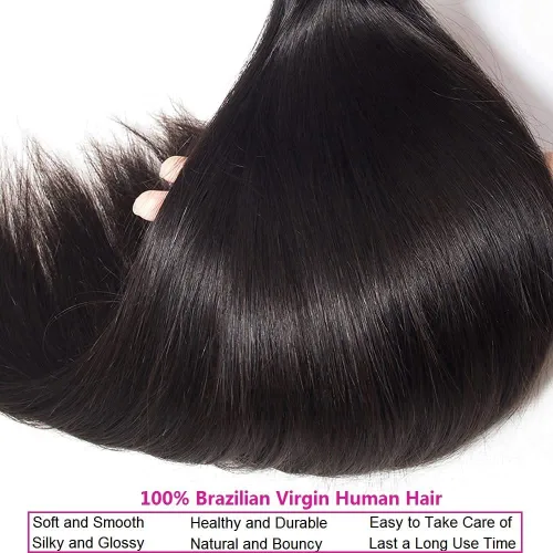 Vista 4 de Extensiones de pelo lacio 10A, paquetes de cabello humano 10 12 14 pulgadas, 100% cabello humano brasileño virgen sin procesar, tejido de pelo Negro