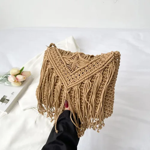 Vista 3 de Bolso de hombro de algodón hecho a mano para mujer, con solapa, con flecos, con borlas, tejido a mano, bohemio