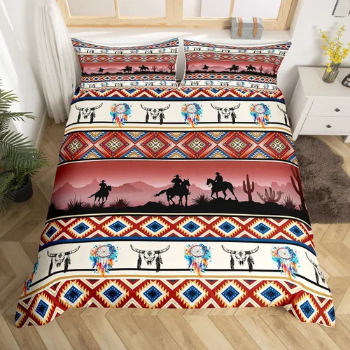 Vista 9 de Erosebridal Juego de funda de edredón estilo bohemio occidental tamaño individual, diseño de vaca atrapasueños del suroeste, juego de ropa de cama