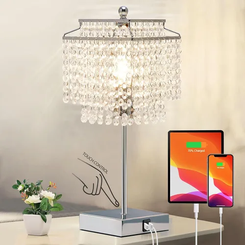 Vista 8 de Luvkczc Lámpara de Mesa de Cristal con Control Táctil Juego de 2, Lámpara de Mesa de Noche USB con Puertos USB C+A, Lámpara Regulable con Pantalla