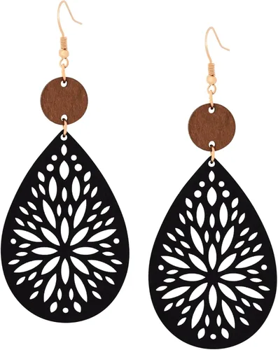 Vista 20 de Bohemian Hollow Cut-Out Wood Leather Dangle Drop Earrings, Boho Chic Hippie Statement Jewelry Gift for Women S01A