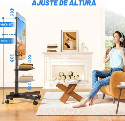 Vista 3 de Rfiver Carrito de TV móvil para televisores de pantalla plana LCD LED de 23 a 60 pulgadas de hasta 88 libras, altura ajustable, estante rodante