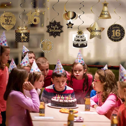 Vista 5 de Decoraciones de techo colgantes de remolinos de feliz 16 años, celebración, 16 remolinos colgantes de aluminio con recortes para dulces 16 años