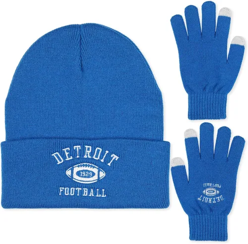 Vista 2 de Gorro clásico bordado de fútbol vintage, sombrero de moda con puños para invierno, con guantes cálidos, regalos para hombres y mujeres fanáticos
