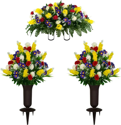 Vista 20 de Sympathy Silks Flores artificiales para cementerios – Decoraciones para tumbas - 1 ramo de flores silvestres de violeta púrpura y naranja, 1 montura