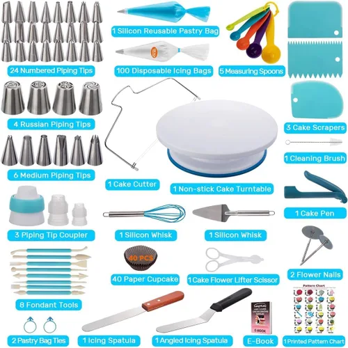 Vista 2 de Kit de 207 piezas de suministros de decoración de pasteles para principiantes, tocadiscos de tartas, más de 100 bolsas de tuberías, puntas
