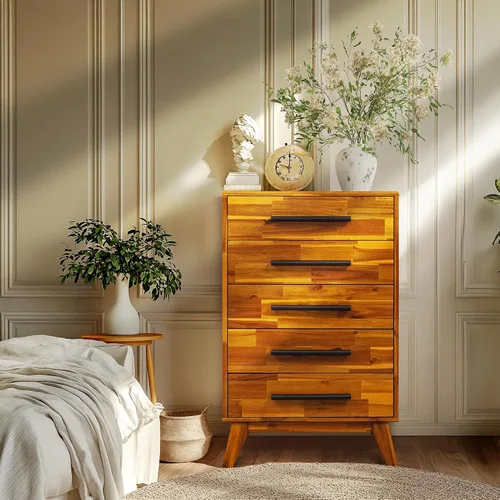 Vista 2 de Acacia Linea - Cómoda de madera maciza con 5 cajones de 26 pulgadas, cómoda Caramelo