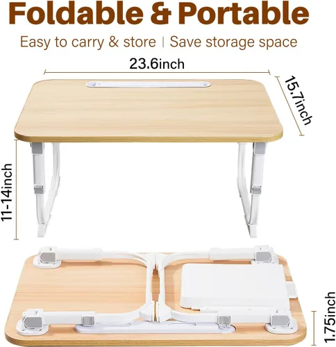 Vista 6 de Escritorio para computadora portátil para cama con luz de escritorio LED, mesa ajustable para tableta con patas plegables, cajón de almacenamiento