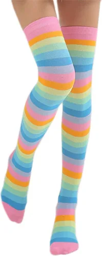 Vista 5 de Awlsyj 6 pares de calcetines altos a la rodilla calcetines largos hasta el muslo de Halloween bruja y cosplay calcetines para mujeres y niñas