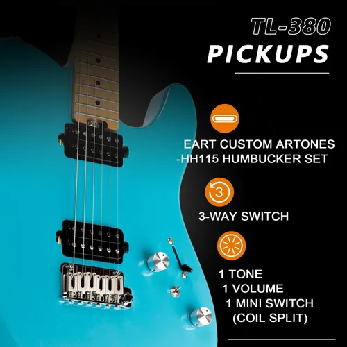 Vista 3 de EART TL-380 Guitarra eléctrica profesional para jugadores versátiles Cuello y diapasón de arce tostado, pastillas humbuckers con bobina dividida