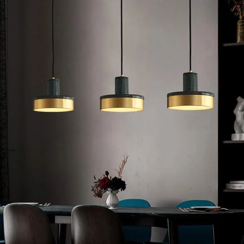 Vista 2 de Marble Bedside Lamp Modern Brass Pendant Light with Acrylic Lampshade 12W Warm Light Disc Suspension Lamp Fixture for Kitchen Island Dining Green