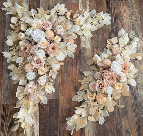 Vista 7 de Kit de flores para arco de boda con cortinas (paquete de 4) – 2 guirnaldas artificiales beige de lujo con 2 cortinas transparentes para ceremonia