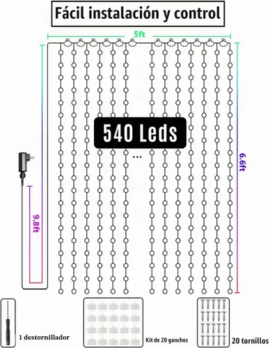 Vista 6 de 540 LED Luces de cortina dinámicas, luces de ventana de Navidad DIY con control remoto y aplicación inteligente, luces de cadena de cortina LED