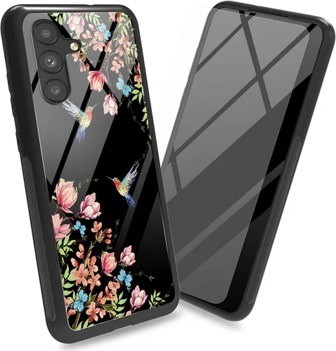 Vista 11 de Funda para Samsung Galaxy A13 5G con protector de pantalla, cubierta trasera de vidrio templado, diseño de flores de gato negro, marco de Flores