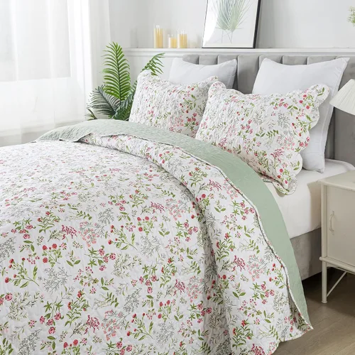 Vista 22 de HoneiLife - Juego de edredón de 3 piezas, colcha ligera de microfibra, diseño de flores silvestres, cubrecamas ligero y botánico, para todas