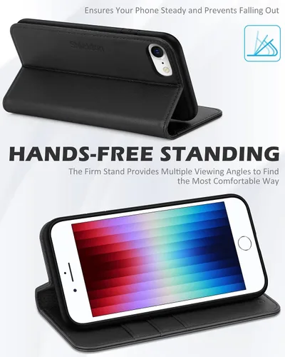 Vista 5 de SHIELDON - Funda tipo cartera de piel auténtica para iPhone SE 2022/SE 2020/8/7, color negro Magnetic Closure, RFID Blocking, Credit Card Holder
