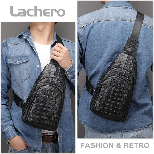 Vista 6 de Bolso bandolera de cuero con patrón de cocodrilo vintage para hombres, mochila de cuero genuino casual Daypack Crossbody bolsas de hombro