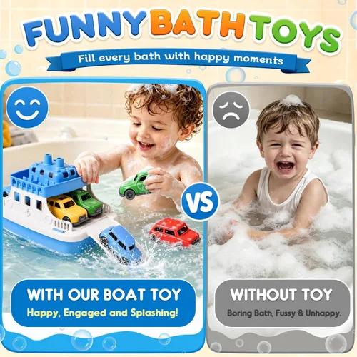 Vista 4 de FUN LITTLE TOYS Barco de juguete para baño para niños pequeños con 4 juguetes de mini autos, juguetes de agua para niños, barco de ferry
