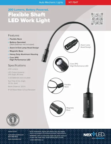 Vista 2 de NextLED NT-7647 linterna de cuello de cisne de 20 pulgadas con base magnética, LED Cree, lente zoomable, clasificación IP54 resistente al agua. Luz
