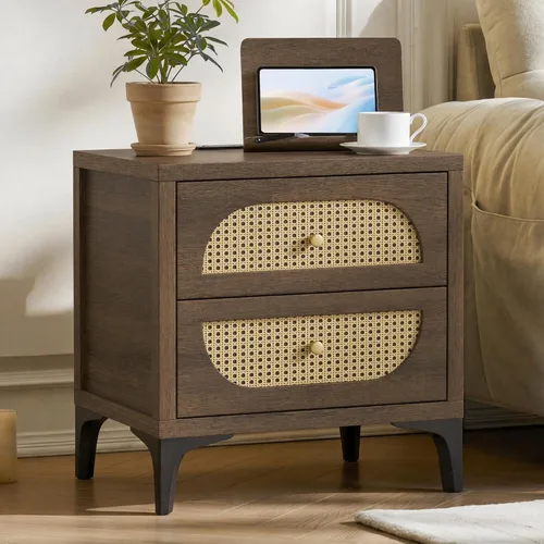 Vista 10 de KISLOT 22'' Rattan Night Stand with 2 Drawers, USB Charging Station