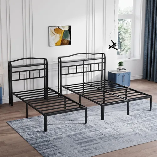 Vista 8 de SHOANED Base de cama de metal de 14 pulgadas, base de colchón básica de plataforma resistente de color negro con cabecera y estación de carga,