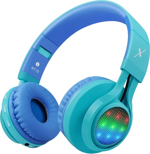 Vista 2 de Riwbox WT-7S audífonos estéreo plegables con Bluetooth y luces, inalámbricos, con micrófono y control de volumen para computadora, teléfonos