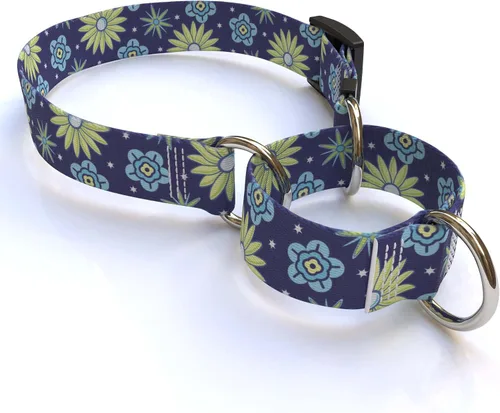 Vista 14 de Amarillo diseño de perro Martingale Collar, Grande, Marrón Flores rosa y verde azulado